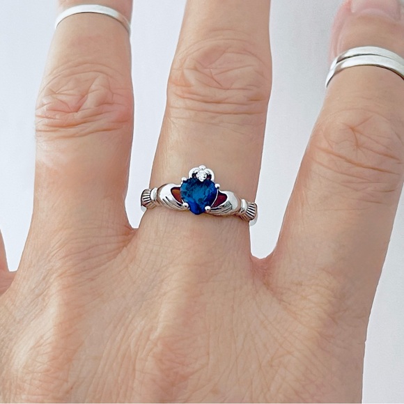 Sterling Silver Claddagh Blue Sapphire CZ Ring, September Birthstone - Picture 13 of 13